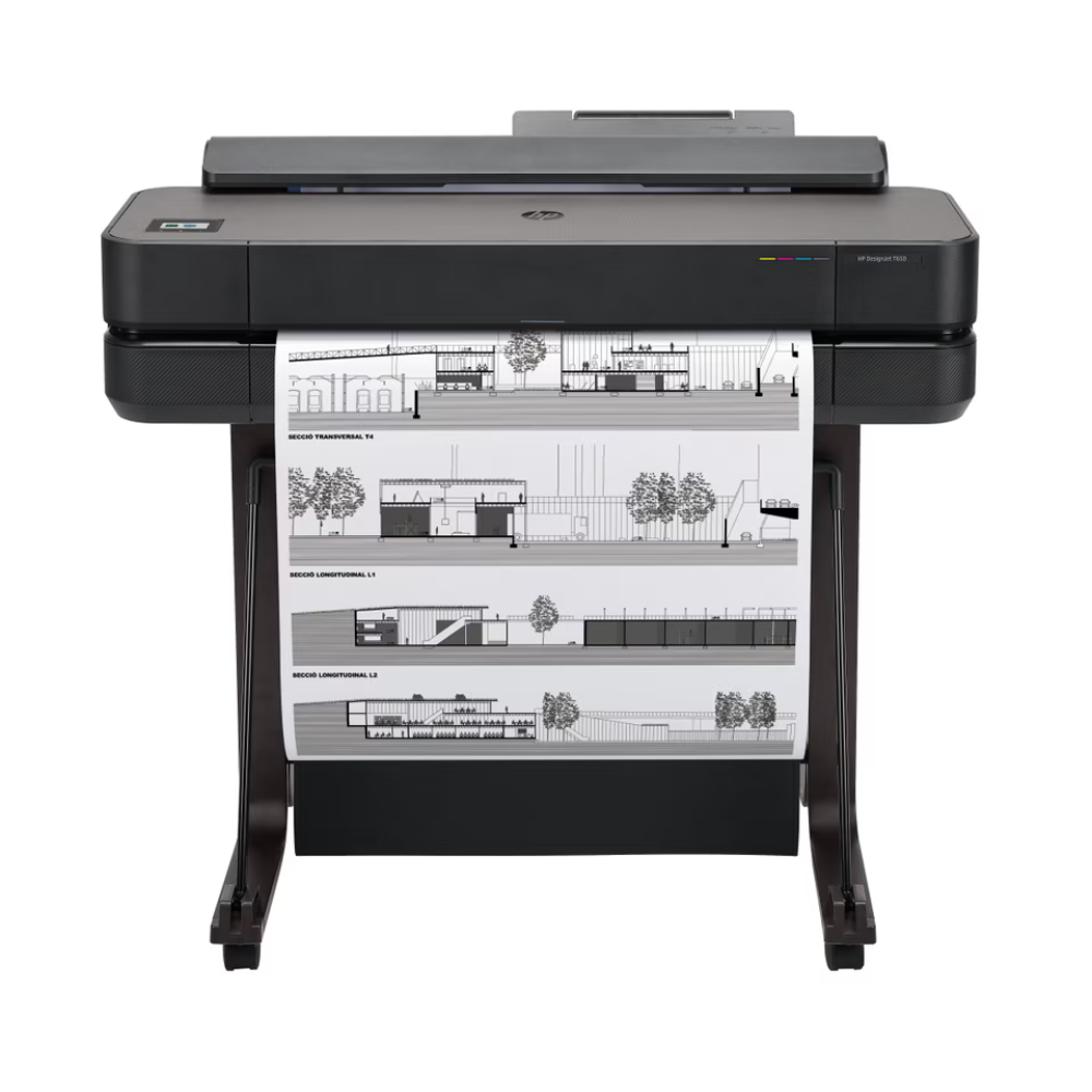 An HP DesignJet 2600 large-format industrial printer shown from the front, printing architectural blueprints with black line drawings on white paper, set against a solid white background.