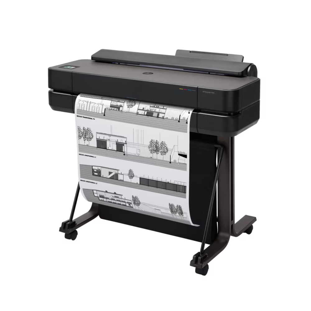Large-format printer with a printout of architectural plans on a white background