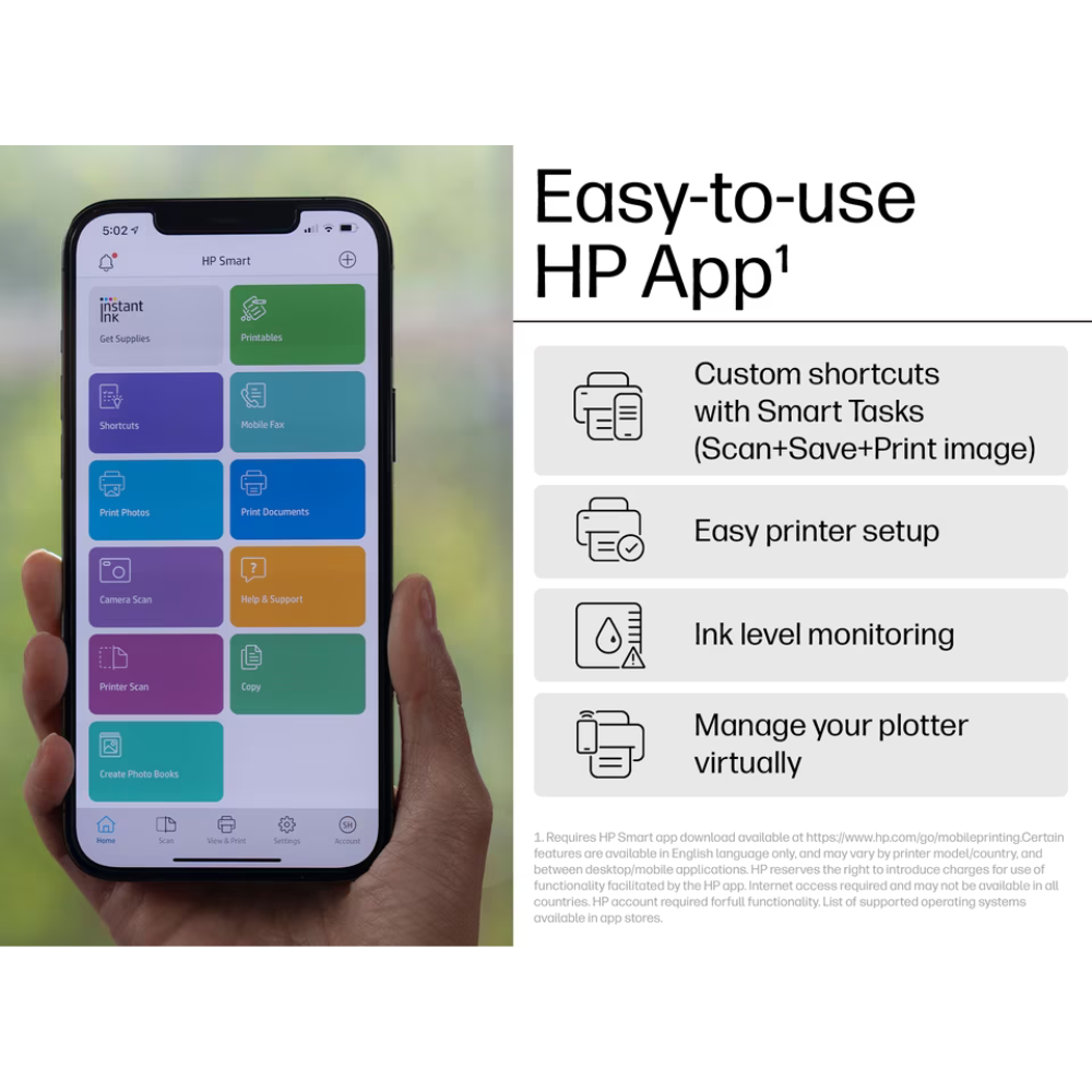 A hand holds a smartphone displaying the HP Smart app interface, with text on the right explaining features like custom shortcuts, easy printer setup, ink level monitoring, and managing a plotter virtually.