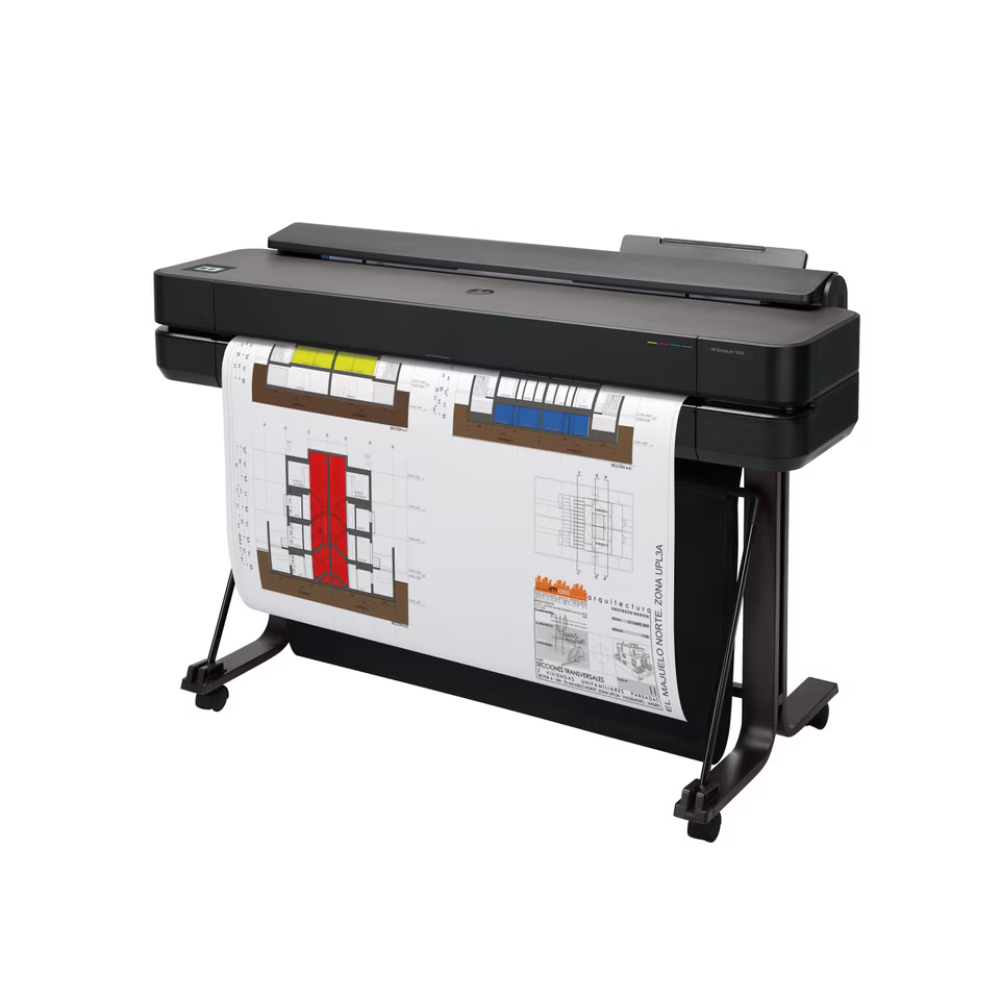 A large black flatbed printer on a matching stand, shown from a three-quarter angle against a solid white background. A white architectural drawing sheet is loaded into the printer.