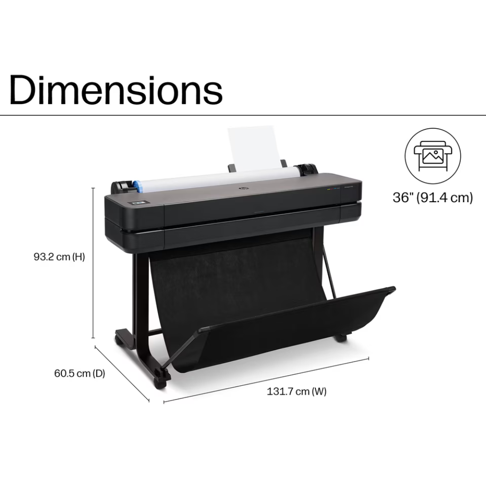 A black long-format printer shown on a white background with dimension labels and measurements: 131.7 cm wide, 60.