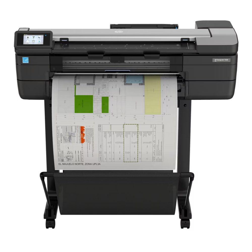 Large-format printer with a print job on paper, on a white background