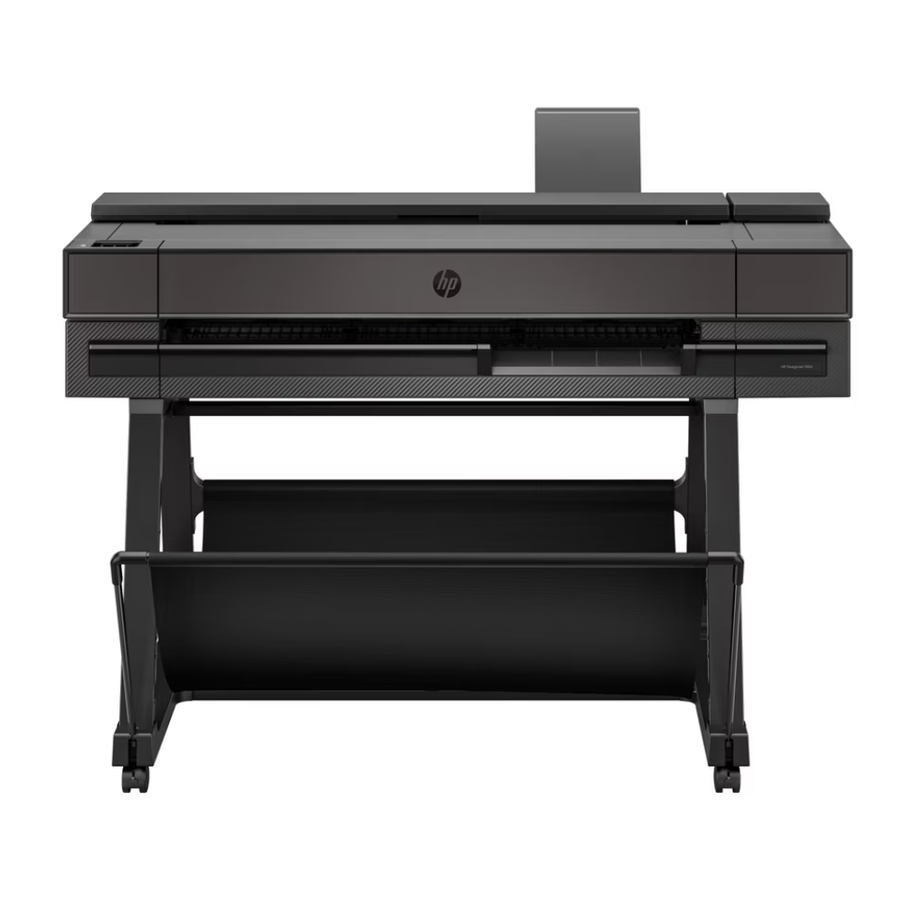 An HP large-format flatbed printer in dark gray, shown from a front-facing perspective on a solid white background.