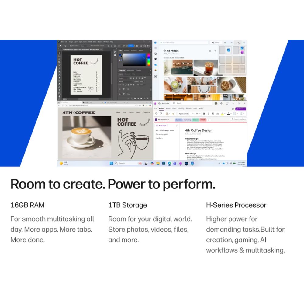 Promotional graphic for a desktop computer with four software preview windows showing creative and design applications. The layout includes text selling 16GB RAM, 1TB storage, and an H-Series processor, with blue geometric accents on a white background.