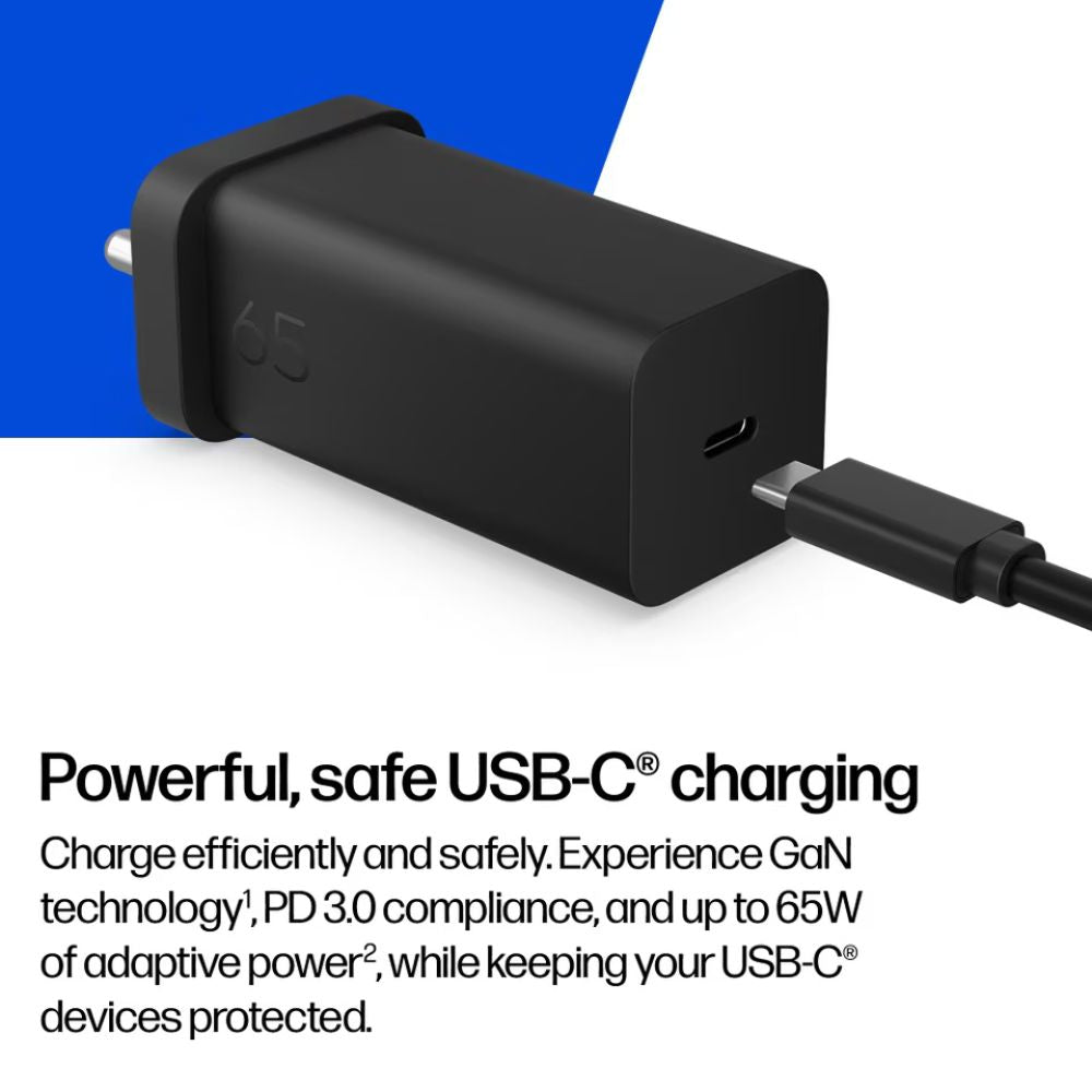 A black USB-C power adapter with a USB-C cable plugged in, shown on a white background with a blue geometric accent and marketing text about fast charging.
