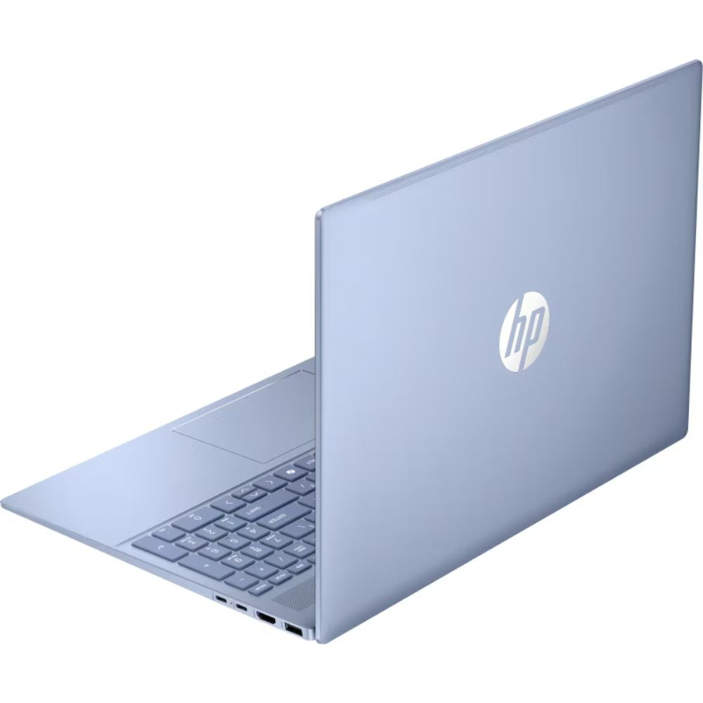 An HP laptop in a light silver-blue color, shown open at an angle against a plain white background.