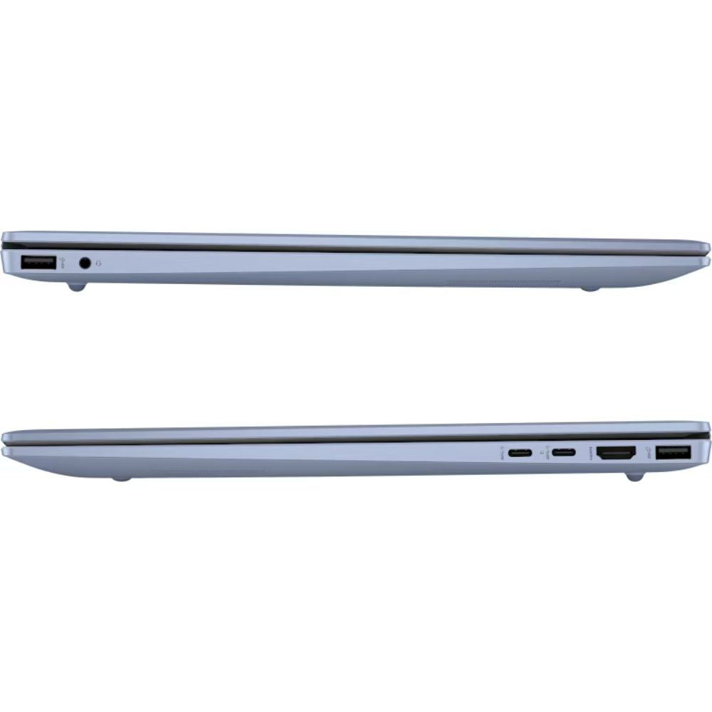 A silver laptop shown from the side in two horizontal views, displaying the thin profile and various port openings including USB, HDMI, and Thunderbolt on a plain white background.