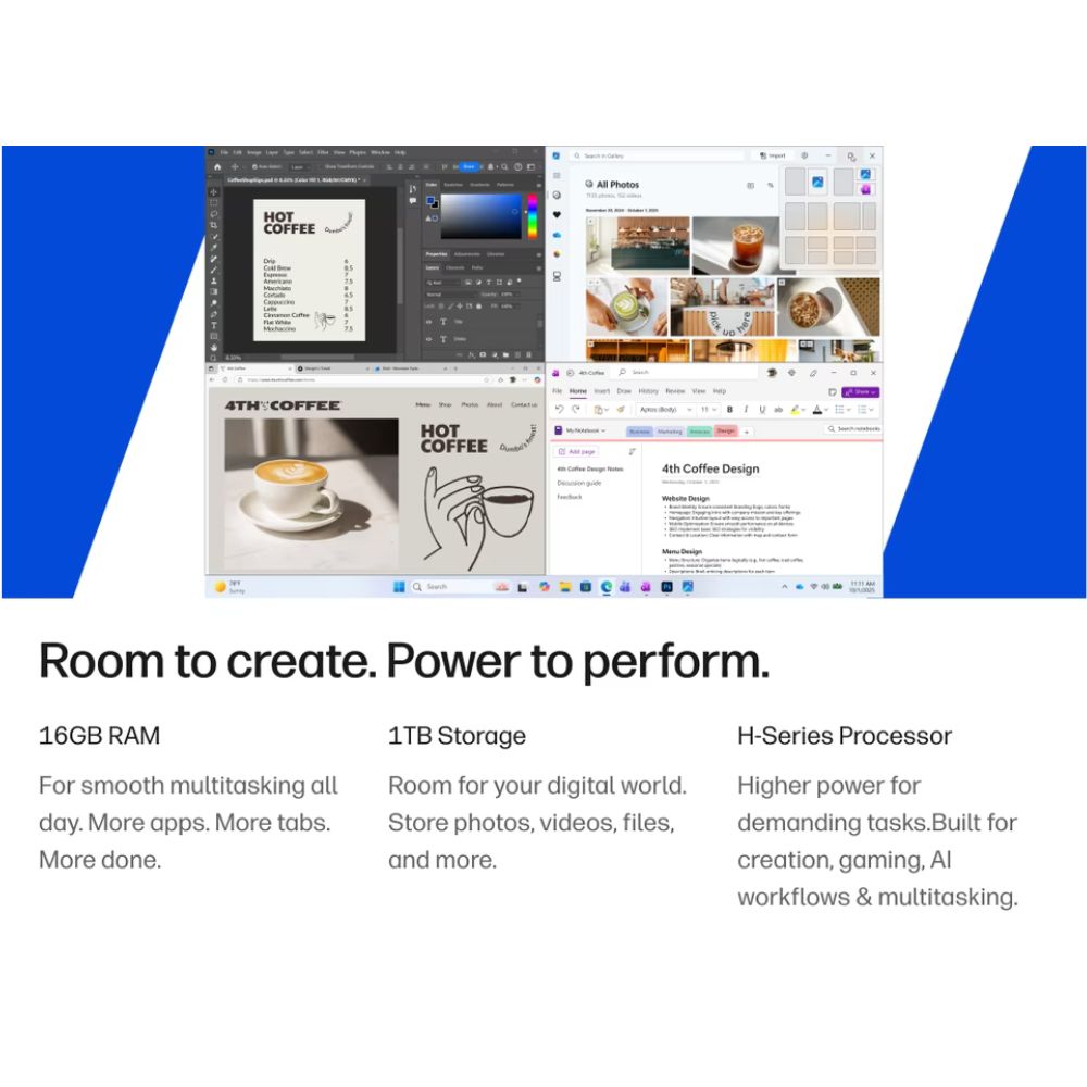 Promotional graphic for a digital design software bundle, showing four software windows (Illustrator, Photoshop, Figma, and Notion) with text highlighting 16GB RAM, 1TB Storage, and an H-Series Processor.