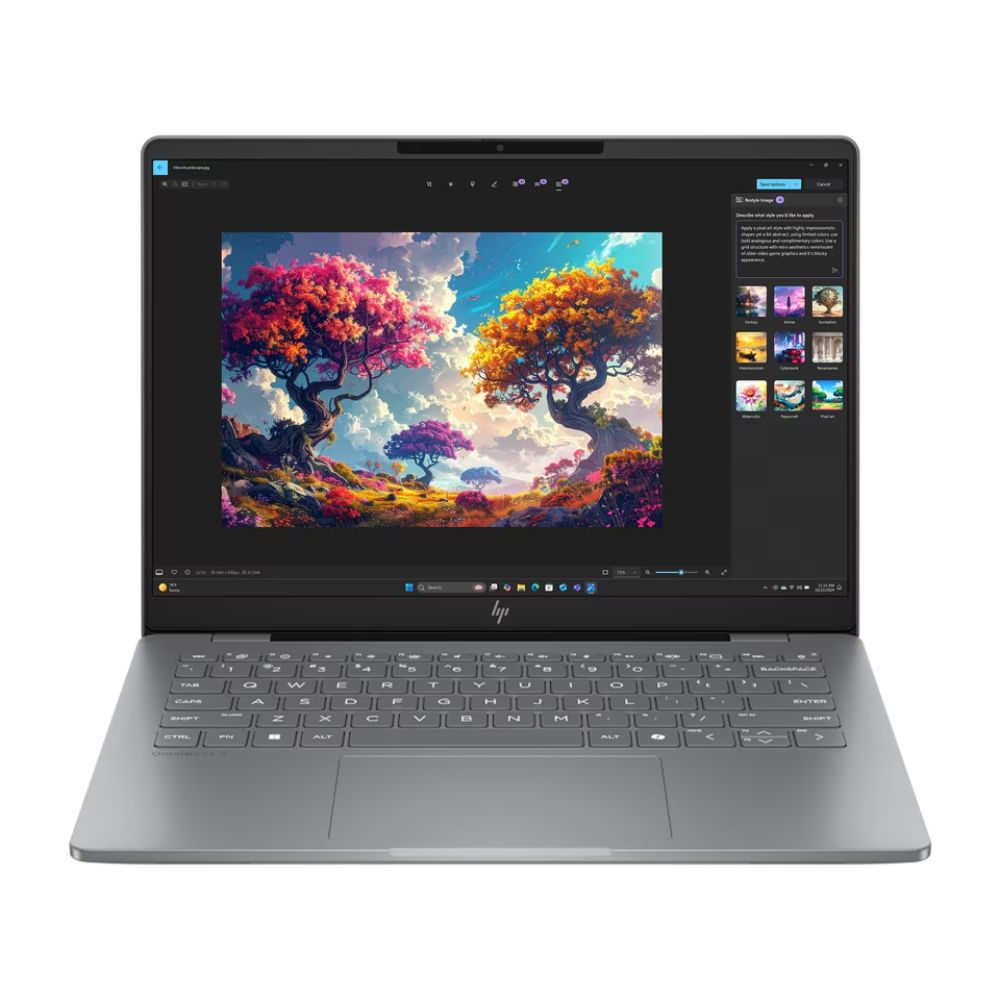Hp omnibook facing front side in grey and black colour