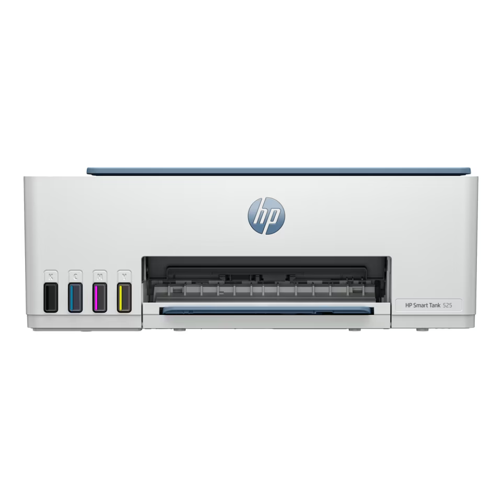 HP Smart Tank 320i all-in-one ink printer in white with a blue top cover and four ink cartridge ports on the front, shown against a plain white background.