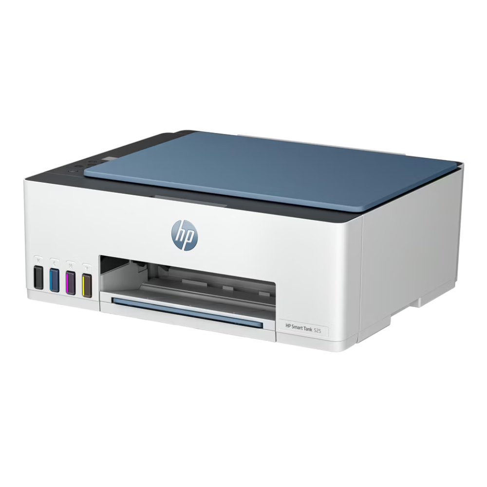 HP Smart Tank T1200 all-in-one ink printer in silver and blue, featuring four color indicator windows on the front, shown on a white background.