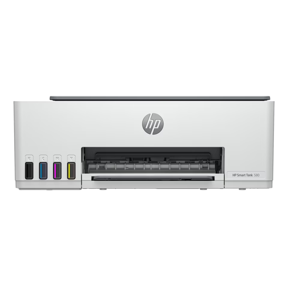 HP Smart Tank 3100 all-in-one printer in white with a black top cover, featuring four ink cartridge ports on the left and the HP logo on the front.