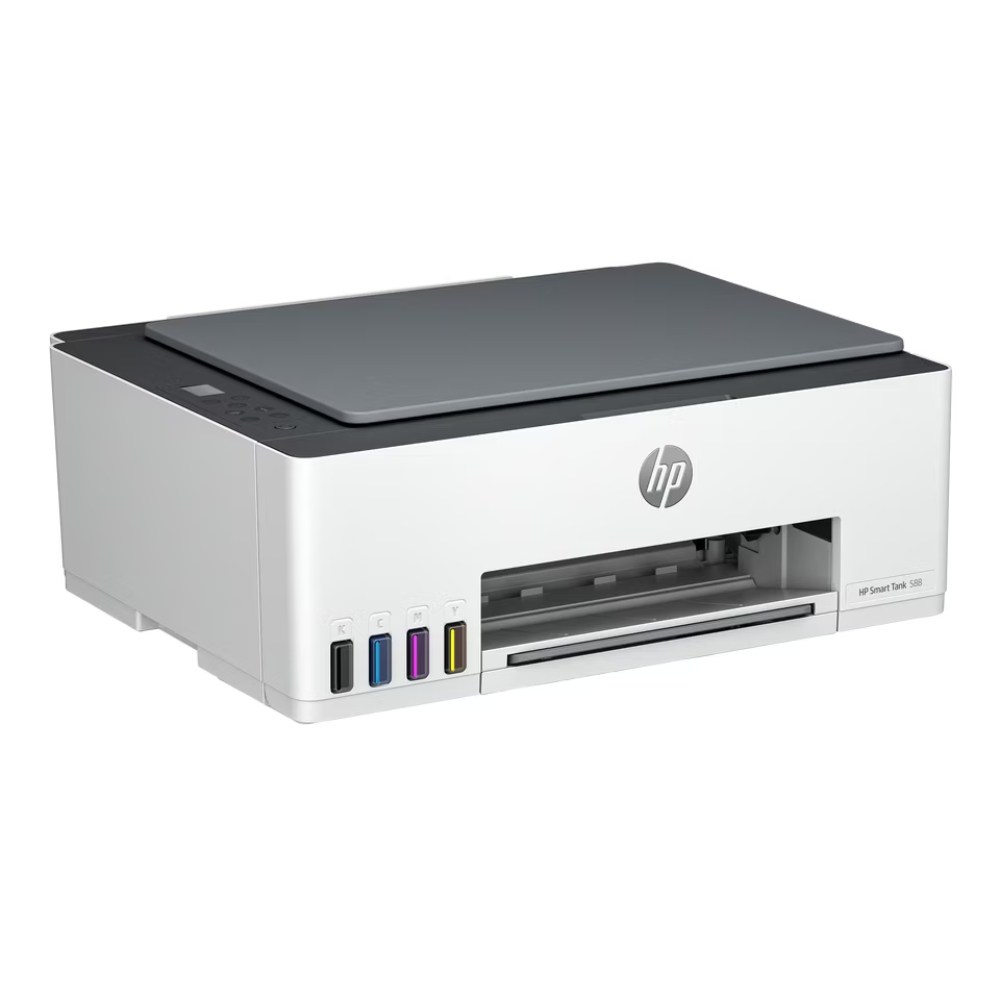HP Smart Tank 310 all-in-one ink printer in white and dark gray, showing the top scan glass, front port panel with four ink cartridge slots, and the HP logo on a white background.