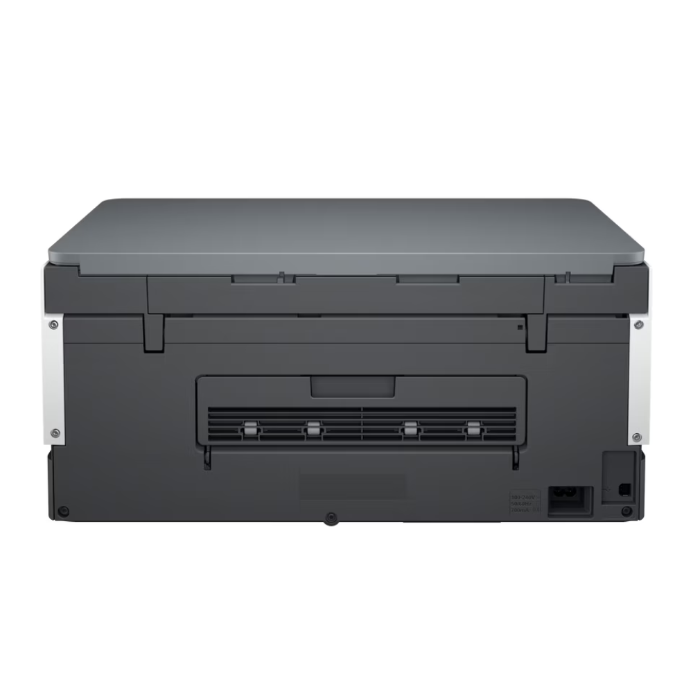 A dark gray and black laser printer shown from the back, featuring a flat scanner bed and a paper tray opening, photographed on a solid white background.