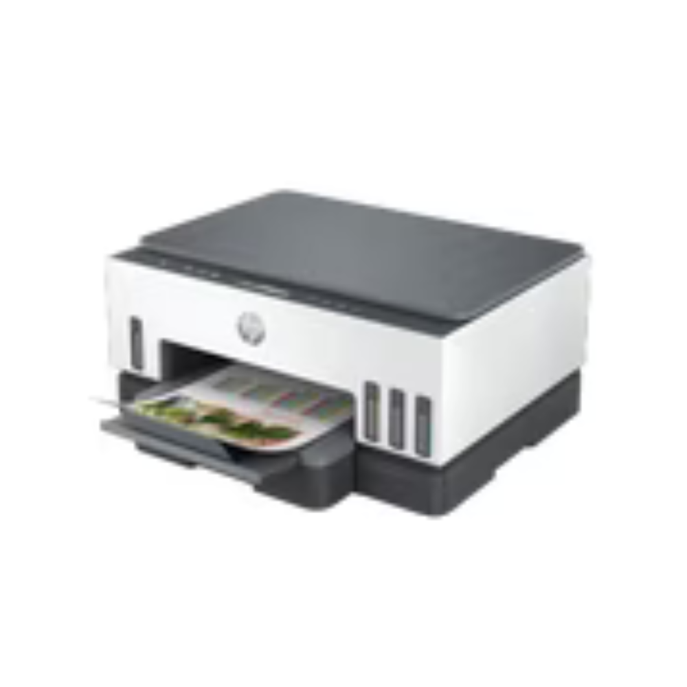 HP printer with a sheet of paper partially ejected from the front tray, shown on a plain white background.