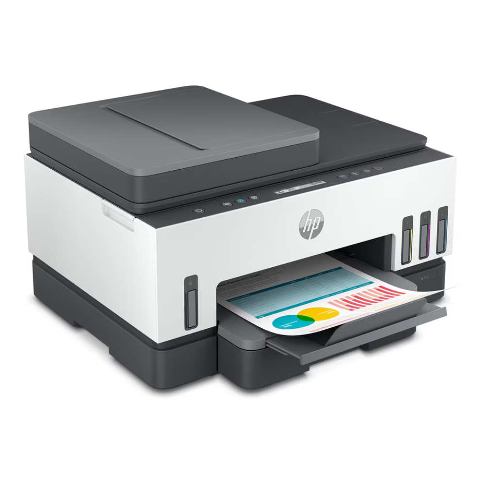 HP printer with scanner and ink cartridges on a white background