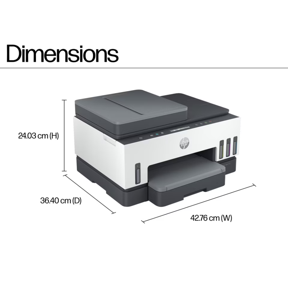 HP printer shown with dimension labels and measurement lines indicating height, depth, and width on a white background.