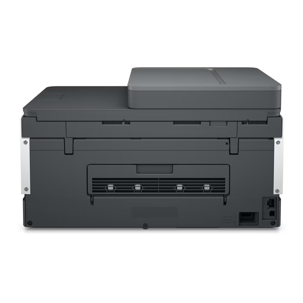 Back view of a black printer on a white background