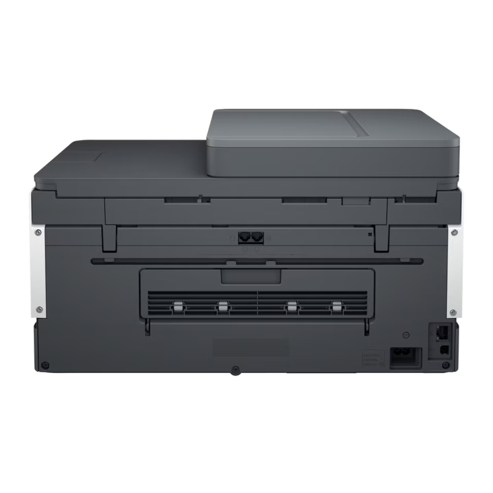 A dark gray and black multifunction laser printer shown from the back, featuring a top document feeder cover, paper trays, and side mounting brackets, set against a plain white background.