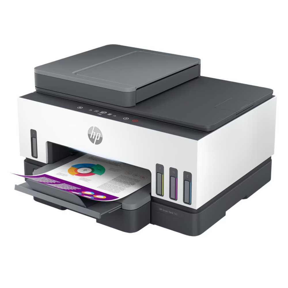 HP All-in-One wireless printer in white and dark gray, shown with a sheet of paper in the output tray on a solid white background.
